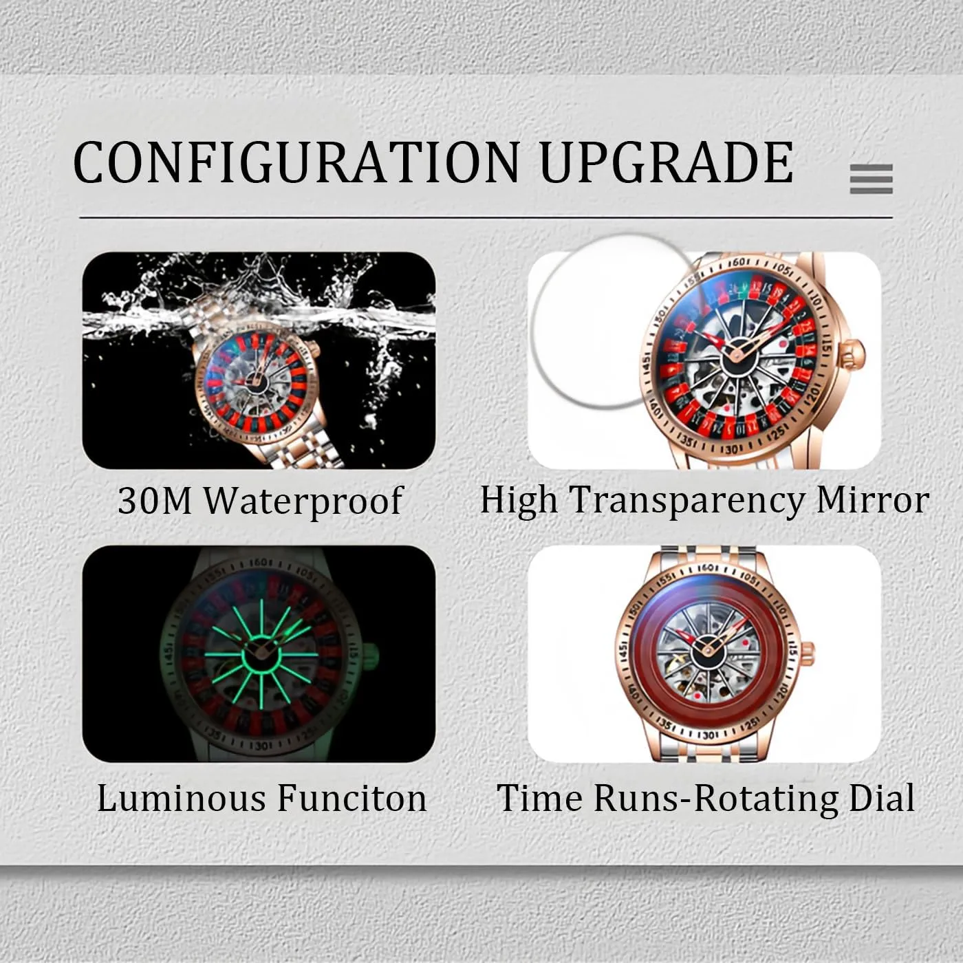 Casual Wristwatch CARLIEN govern companion nation Mens Gambling Automatic Mechanical Skeleton Hollow Waterproof Luminous Watch Stainless Steel Band Self Winding Roulette Wheel Business 