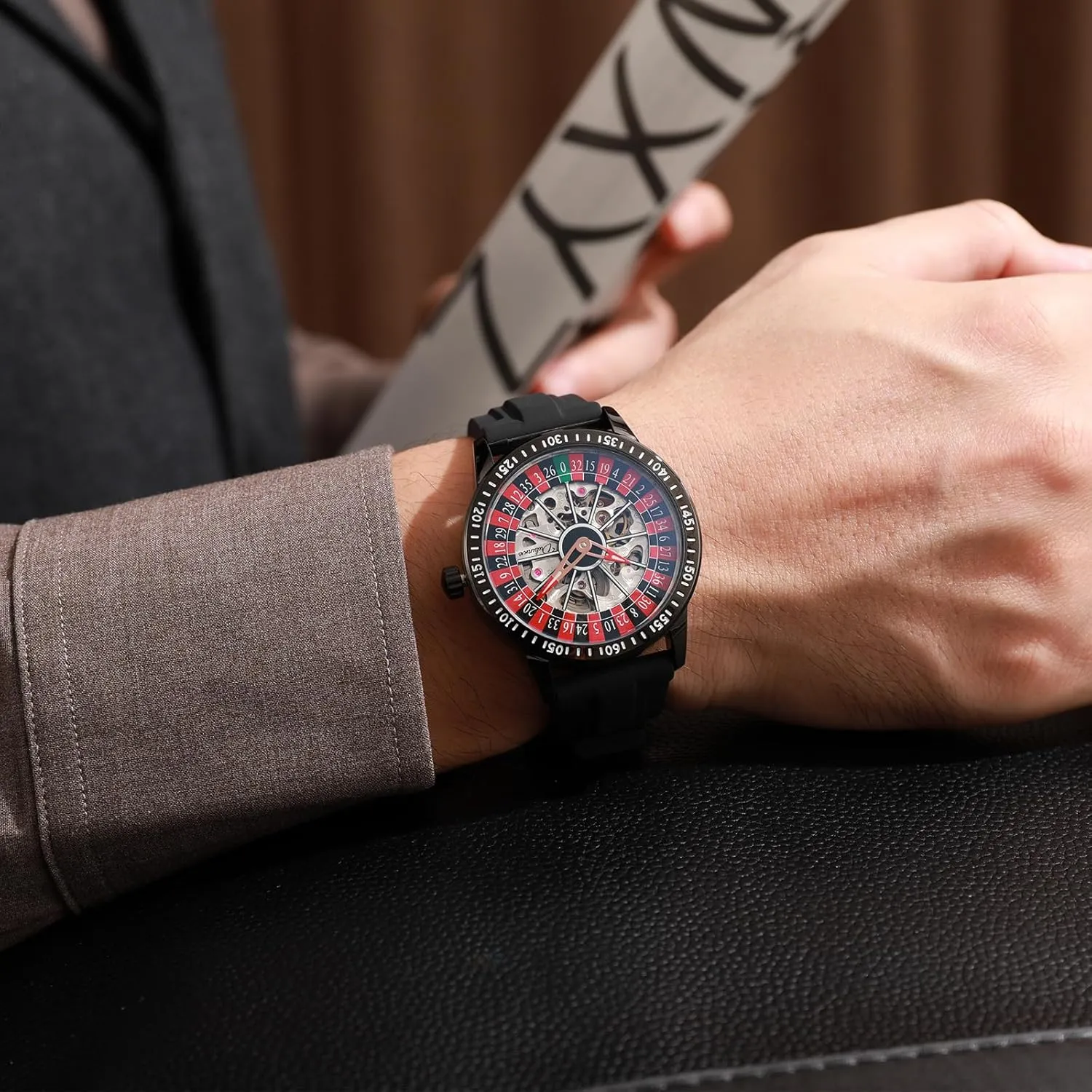 Casual Wristwatch CARLIEN govern companion nation Mens Gambling Automatic Mechanical Skeleton Hollow Waterproof Luminous Watch Stainless Steel Band Self Winding Roulette Wheel Business 