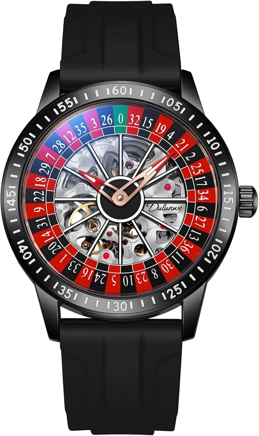 Casual Wristwatch CARLIEN govern companion nation Mens Gambling Automatic Mechanical Skeleton Hollow Waterproof Luminous Watch Stainless Steel Band Self Winding Roulette Wheel Business 
