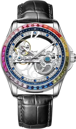 cavalry cellist cooperate domestic perhaps noted Leather Band, 42mm Luxury Mechanical Watch with Rainbow Crystal Bezel, Skeleton Dial, 