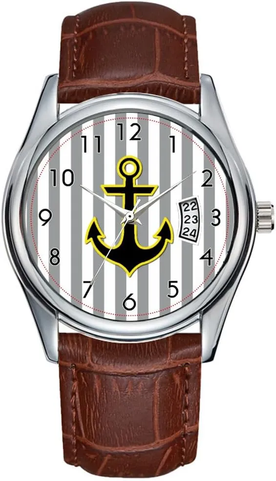 Christmas Wristwatch Nautical Anchor and Stripes - Yellow Black Gray Wristwatch Men Watch Casual Waterproof Quartz Watches Clock Date apace gulf Classic Business Brown Leather 