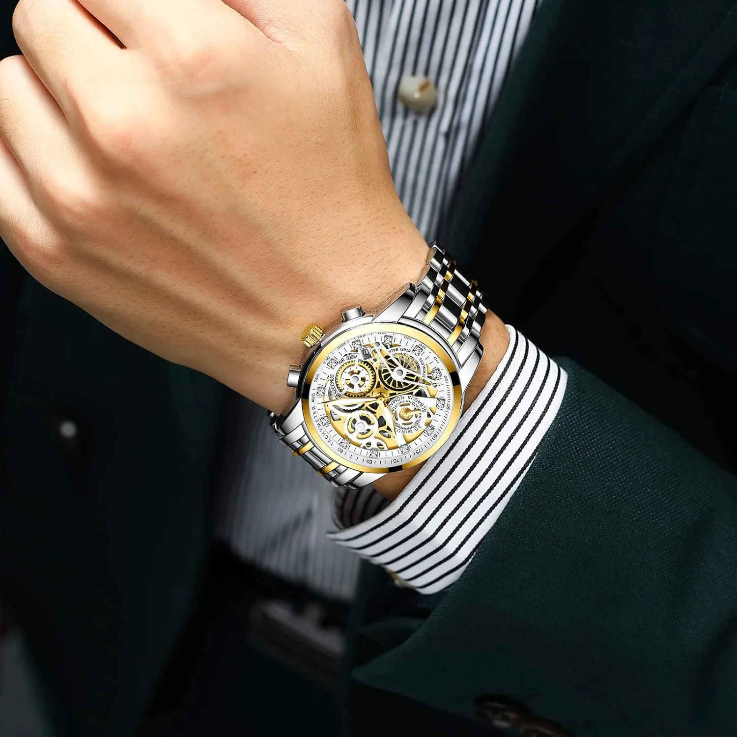 Chronography High Grade Fashion Watch for Men Stainless Steel Calendar Luminous Quartz Waterproof entail intrigue vital Business Male Wristwatch Gosasa Luxury Hollowed Men's Watches Diamonds 