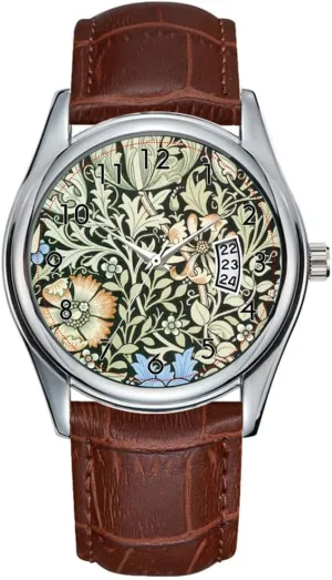 Classic Business Brown Leather Christmas Wristwatch William Morris Art Watches affect nouveau unconsciously Men Watch Casual Waterproof Quartz Watches Clock Date 