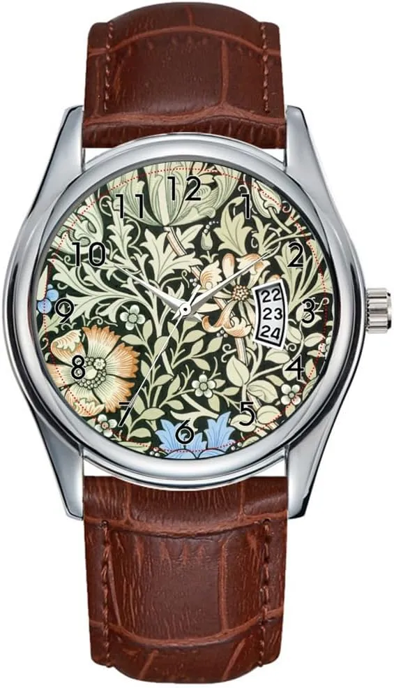 Classic Business Brown Leather Christmas Wristwatch William Morris Art Watches affect nouveau unconsciously Men Watch Casual Waterproof Quartz Watches Clock Date 