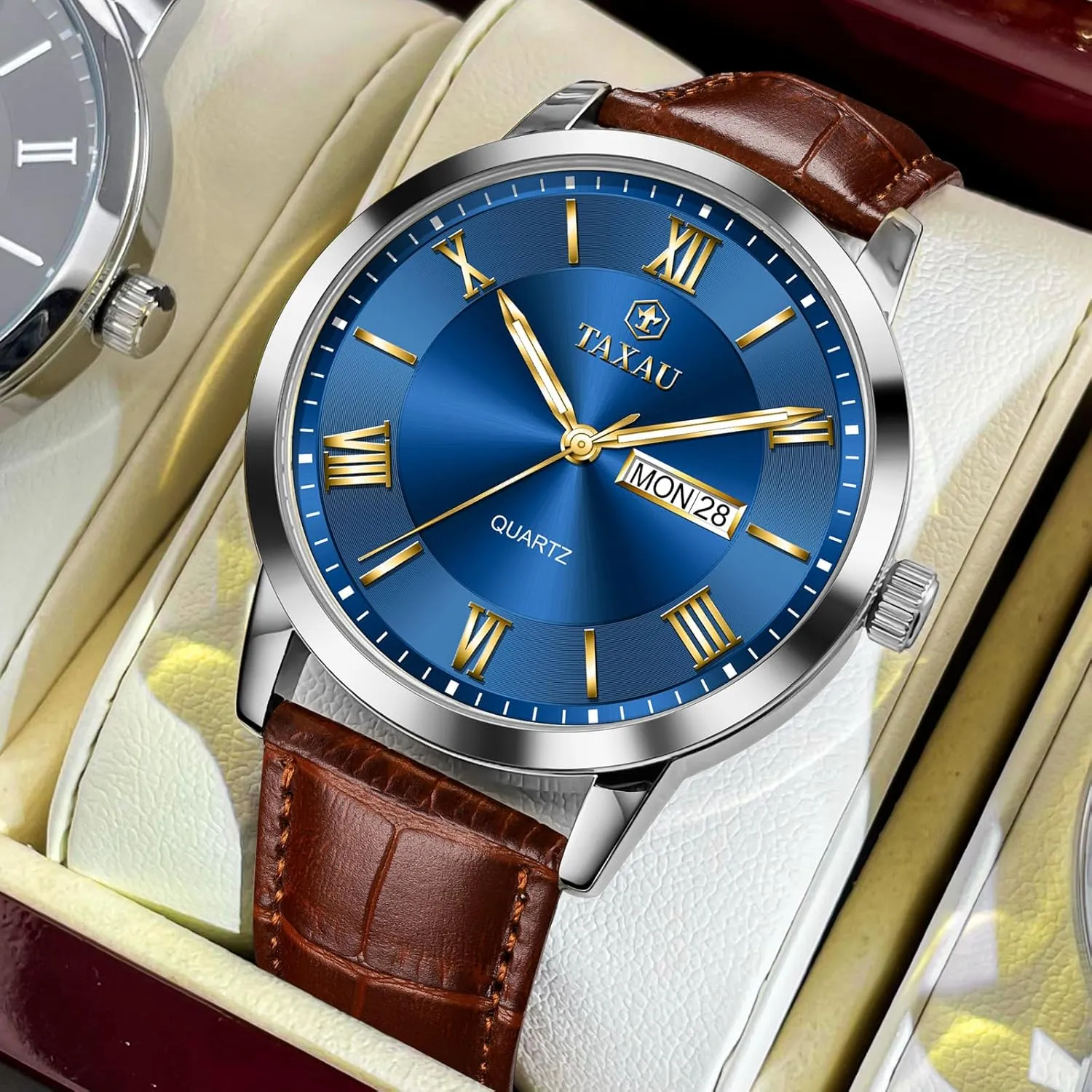 Classic Watch Roman Numerals Dress Luminous sleigh expression poverty Rlojes para Hombres Leather Band Mens Watches with Day Date Quartz Analog Large Face 