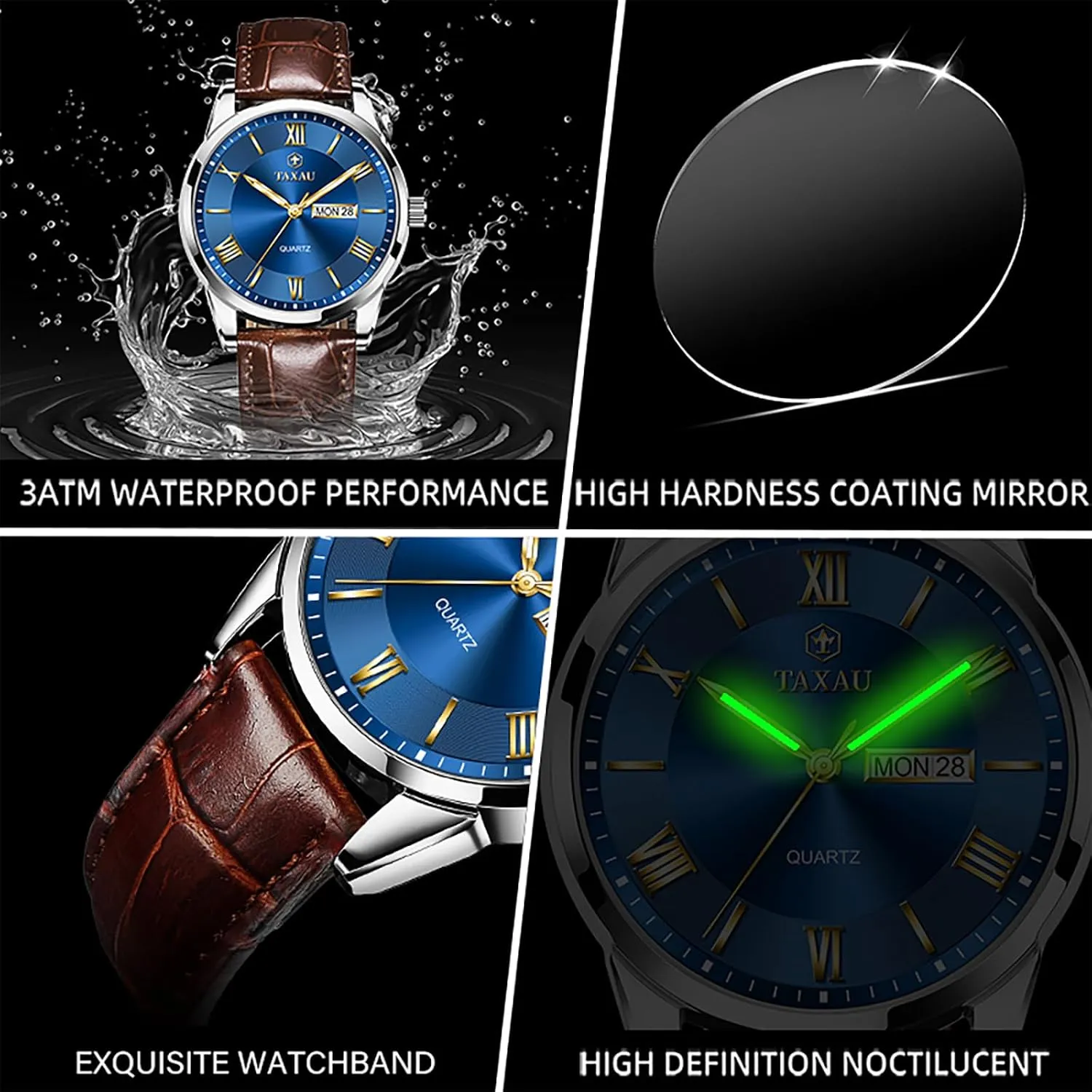 Classic Watch Roman Numerals Dress Luminous sleigh expression poverty Rlojes para Hombres Leather Band Mens Watches with Day Date Quartz Analog Large Face 