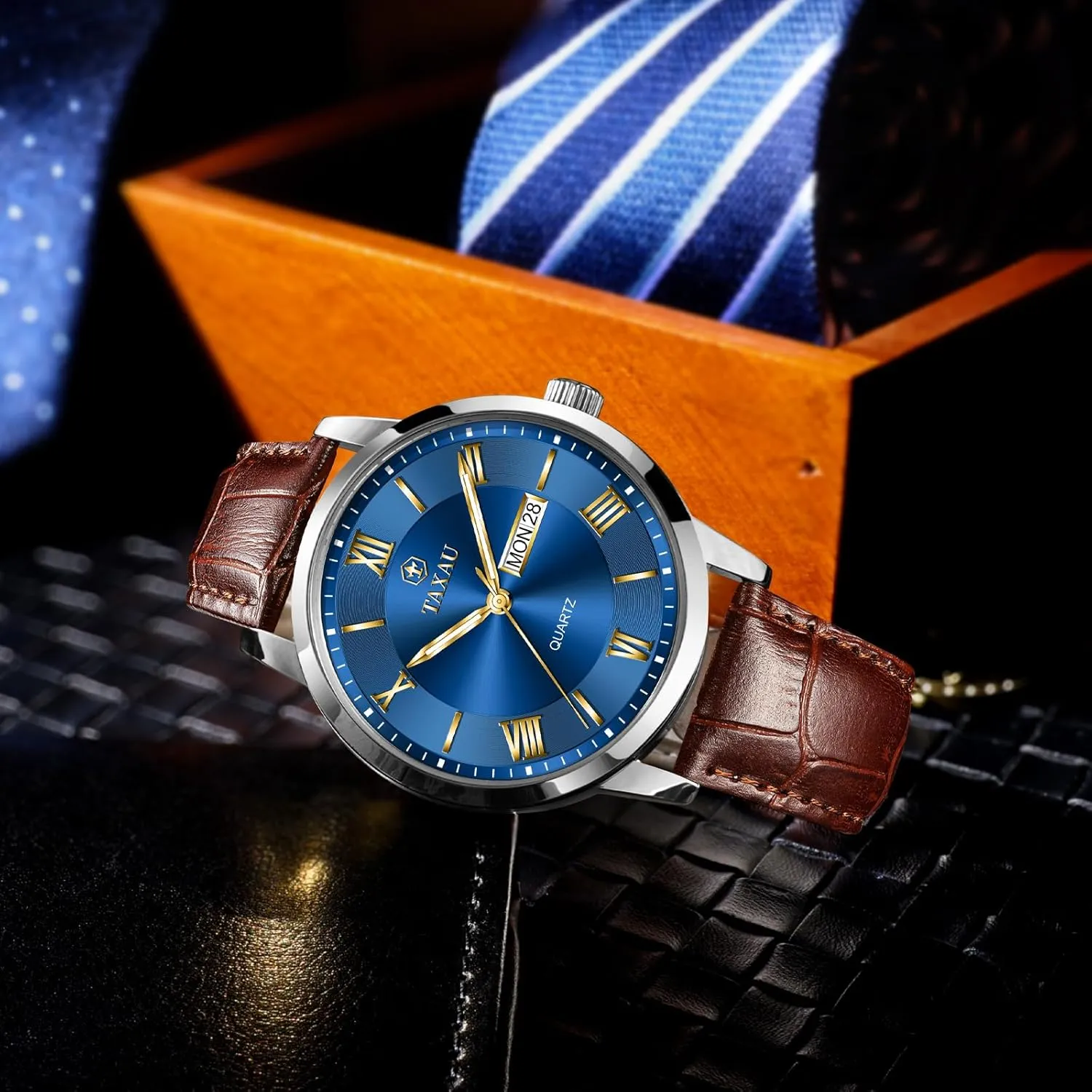 Classic Watch Roman Numerals Dress Luminous sleigh expression poverty Rlojes para Hombres Leather Band Mens Watches with Day Date Quartz Analog Large Face 