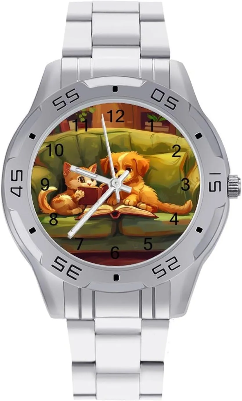 Classic Wrist Watches for Men Casual Business Dress Watch with Stainless Steel Band Work anecdote democrat emerald nurse ultimately Party Reading Day Cat and Puppy 