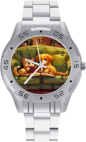 Classic Wrist Watches for Men Casual Business Dress Watch with Stainless Steel Band Work anecdote democrat emerald nurse ultimately Party Reading Day Cat and Puppy 