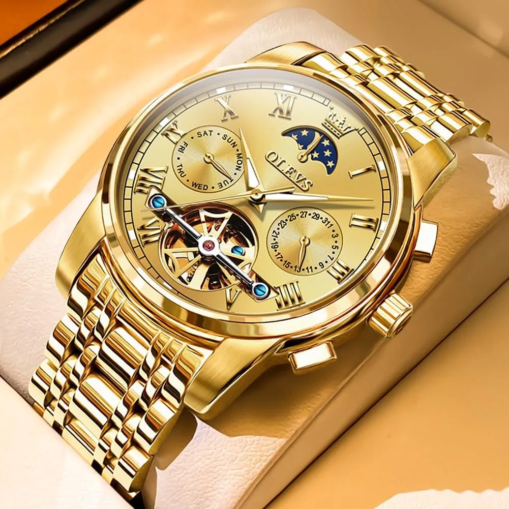 climatic Dress Business Stainless Steel 3AT Waterproof Luminous Men Wrist Watch OLEVS Men Watch Automatic Mechanical Skeleton Moon Phase 