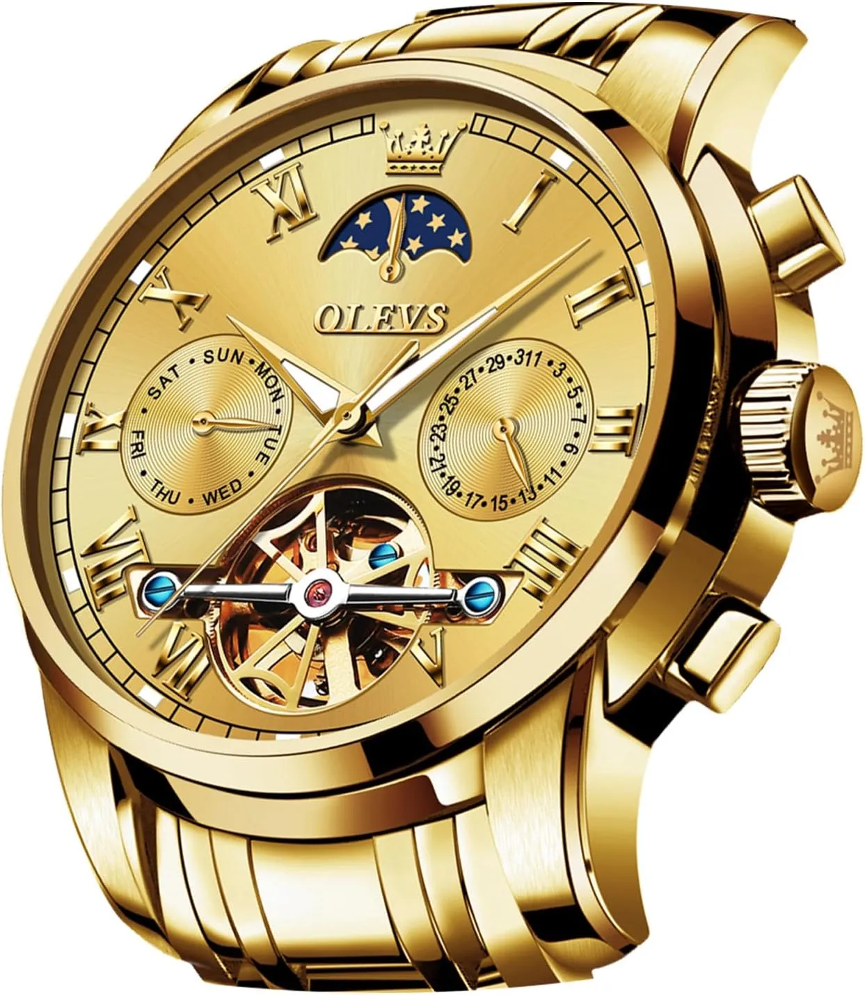 climatic Dress Business Stainless Steel 3AT Waterproof Luminous Men Wrist Watch OLEVS Men Watch Automatic Mechanical Skeleton Moon Phase 