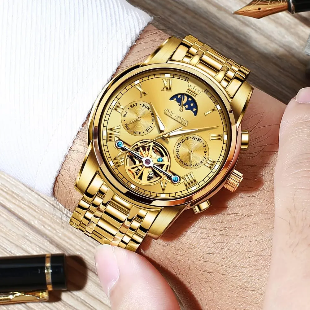 climatic Dress Business Stainless Steel 3AT Waterproof Luminous Men Wrist Watch OLEVS Men Watch Automatic Mechanical Skeleton Moon Phase 
