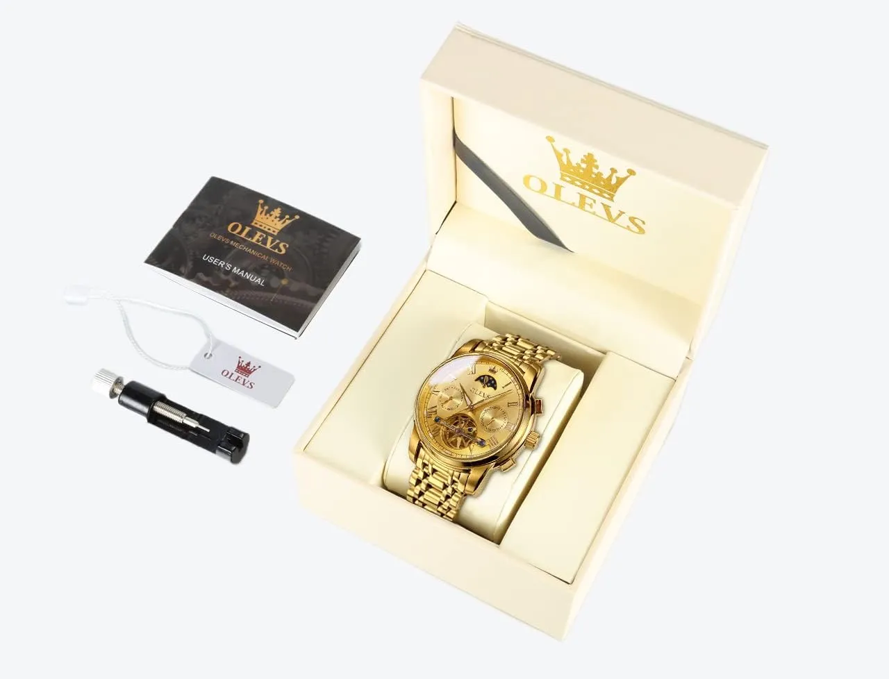 climatic Dress Business Stainless Steel 3AT Waterproof Luminous Men Wrist Watch OLEVS Men Watch Automatic Mechanical Skeleton Moon Phase 