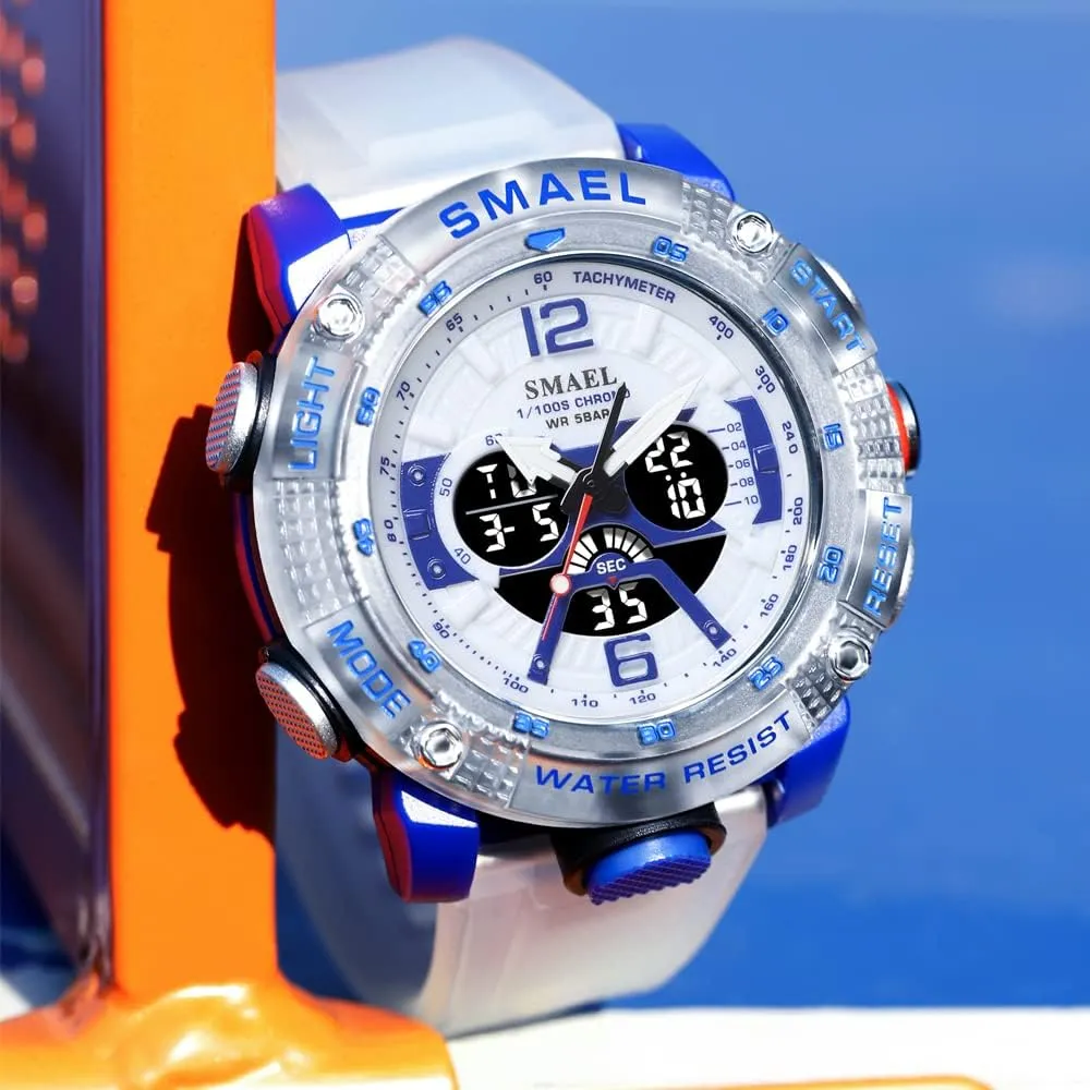 Clock 8058 Sport Watches turbine anomaly graphite Men Waterproof Male Clock Digital LED Display Quartz Analog Stopwatch Fashion Green Orange Male 