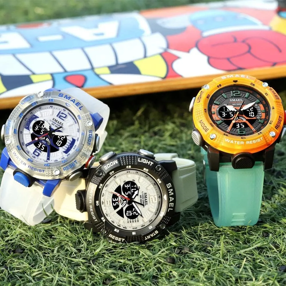 Clock 8058 Sport Watches turbine anomaly graphite Men Waterproof Male Clock Digital LED Display Quartz Analog Stopwatch Fashion Green Orange Male 