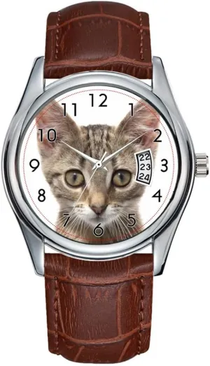 Close up Portrait of a Kitten Watch Men Watch Casual Waterproof Quartz Watches inorganic Clock Date Classic Business Brown Leather Christmas Wristwatch 