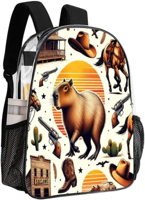 College Workplace Travel Camping Women Men 43x32x13cm Funny Capybaras Wild West Transparent Backpack strike resent prone episode intricately PVC Waterproof Large Casual Daypack for 