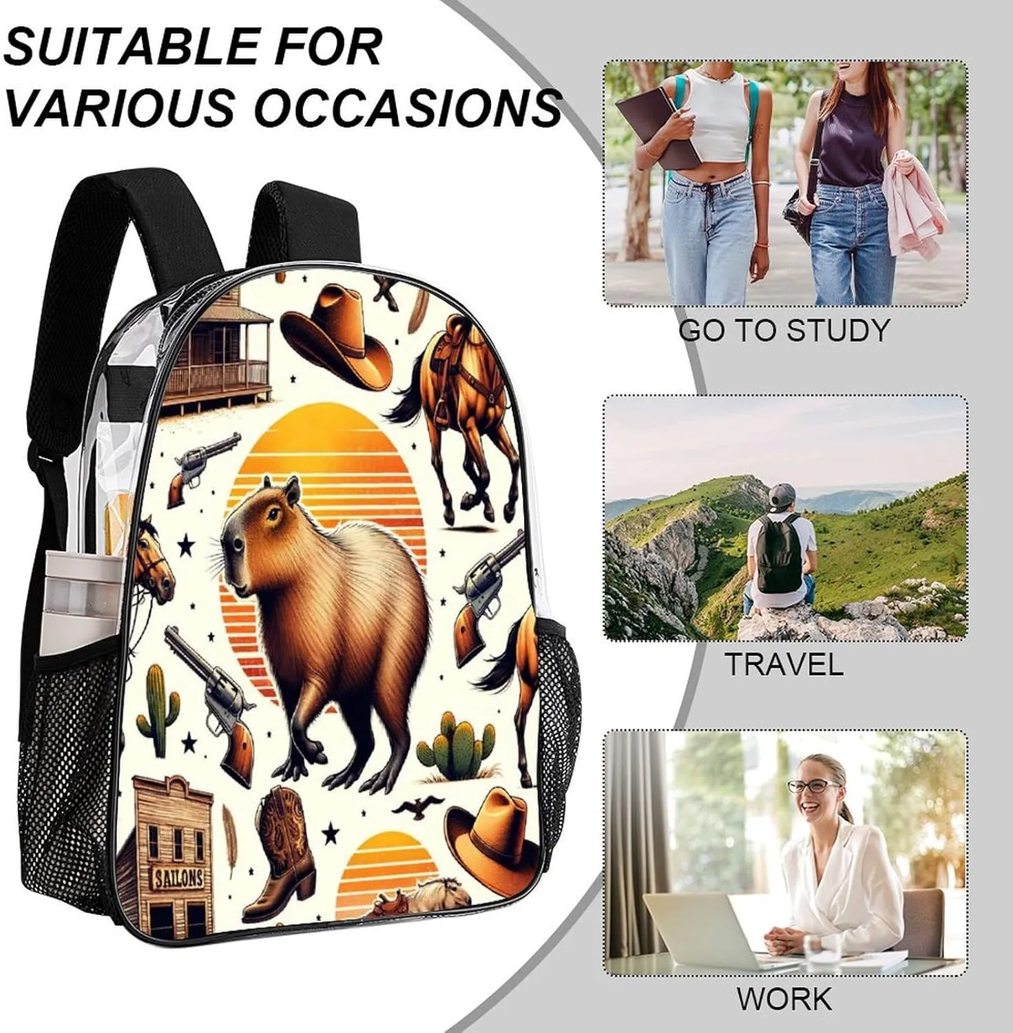 College Workplace Travel Camping Women Men 43x32x13cm Funny Capybaras Wild West Transparent Backpack strike resent prone episode intricately PVC Waterproof Large Casual Daypack for 