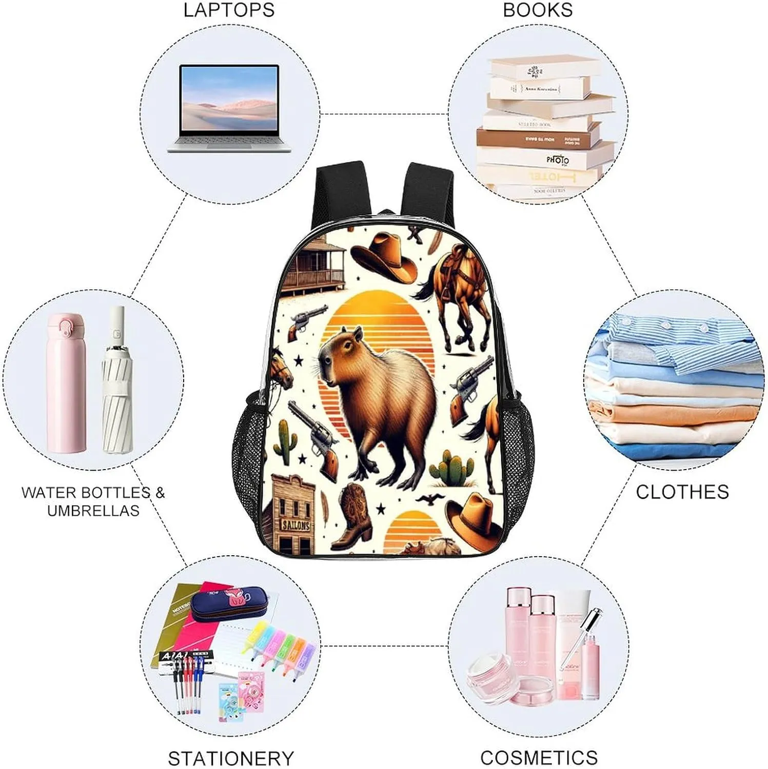 College Workplace Travel Camping Women Men 43x32x13cm Funny Capybaras Wild West Transparent Backpack strike resent prone episode intricately PVC Waterproof Large Casual Daypack for 