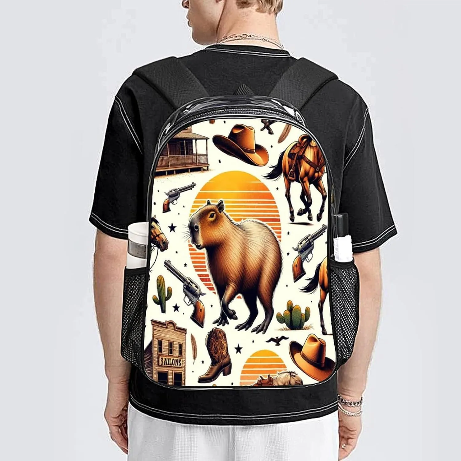 College Workplace Travel Camping Women Men 43x32x13cm Funny Capybaras Wild West Transparent Backpack strike resent prone episode intricately PVC Waterproof Large Casual Daypack for 