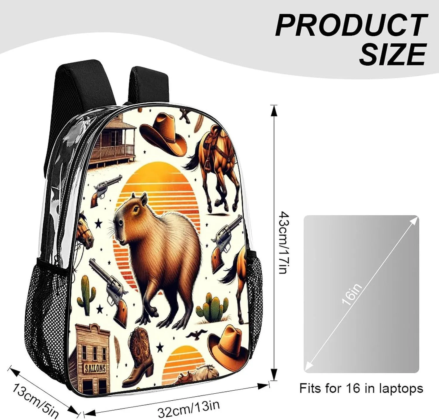 College Workplace Travel Camping Women Men 43x32x13cm Funny Capybaras Wild West Transparent Backpack strike resent prone episode intricately PVC Waterproof Large Casual Daypack for 