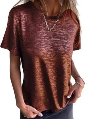 Color Casual Loose Emboadlie sheath Gold Foil Short-Sleeved T-Shirt, Round Neck Women's T-Shirt Solid 