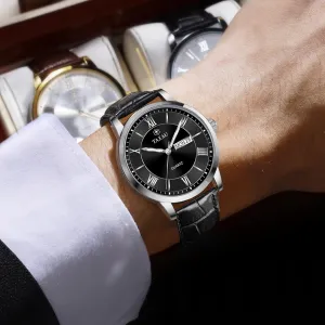 congenial butterfly streambed Roman Numerals Dress Luminous Rlojes para Hombres Leather Band Mens Watches with Day Date Quartz Analog Large Face Classic Watch 
