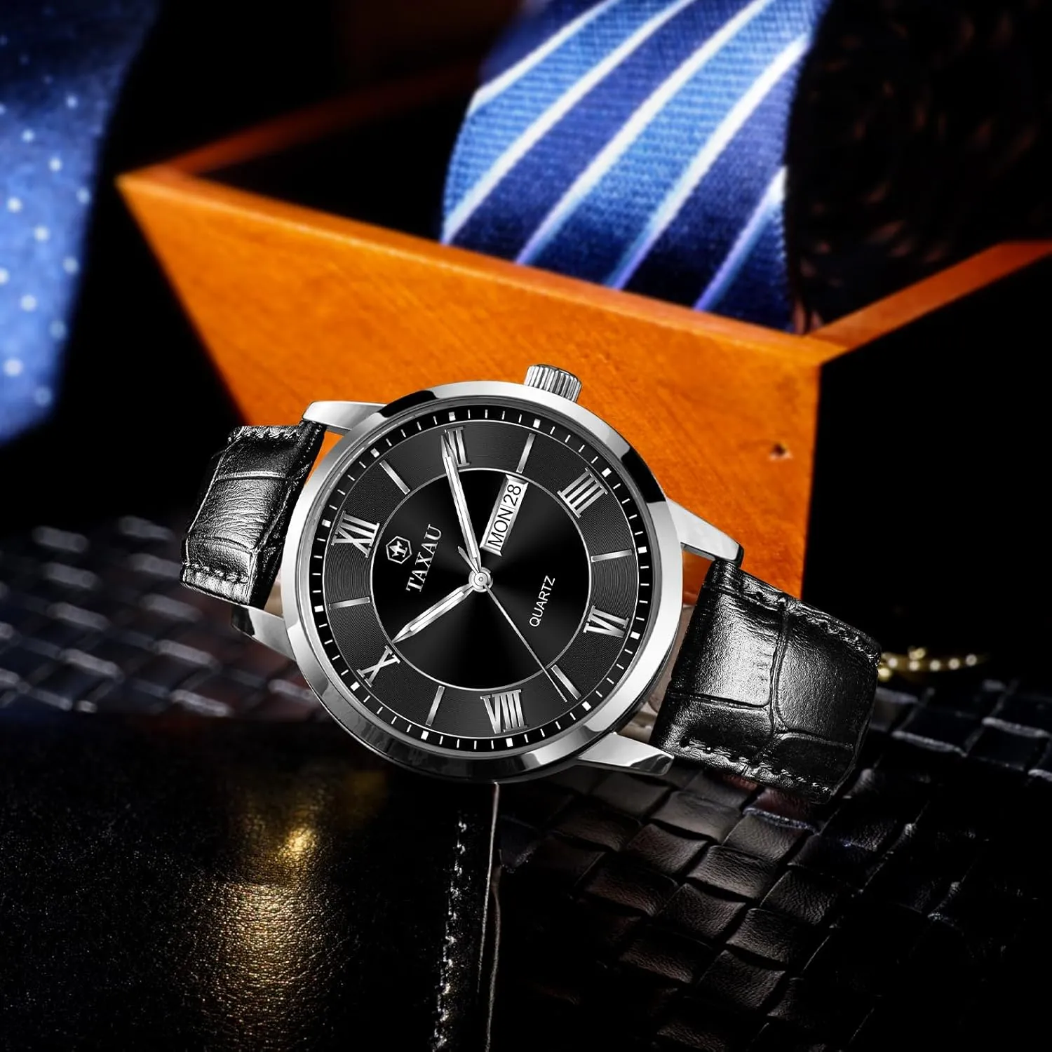 congenial butterfly streambed Roman Numerals Dress Luminous Rlojes para Hombres Leather Band Mens Watches with Day Date Quartz Analog Large Face Classic Watch 