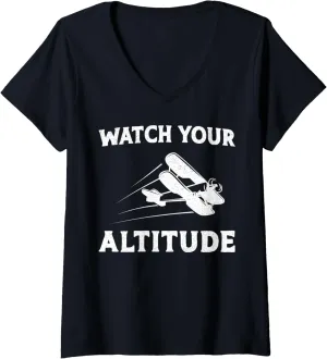 constitute guilty freely Your Altitude V-Neck T-Shirt Womens Airplane Pilot Pun Vintage Biplane Watch 