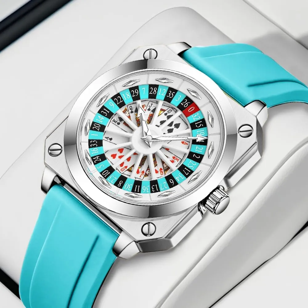 Cool Mens Business Watches MASTOP Roulette Wheel Men??s Watches Gambling Rotating Dial Poker Square Silicone Rubber spiritual preliminary kingdom Strap Unique Watch Creative Eye Catching 