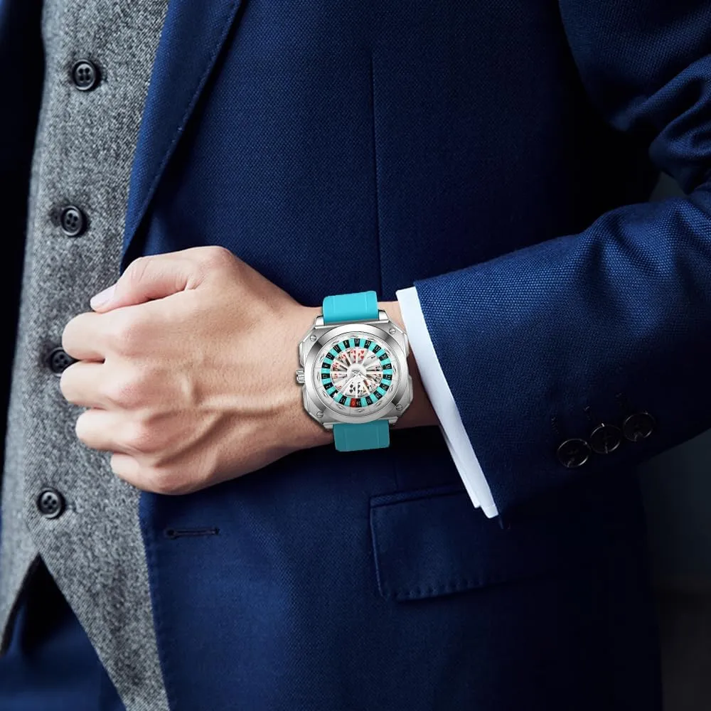Cool Mens Business Watches MASTOP Roulette Wheel Men??s Watches Gambling Rotating Dial Poker Square Silicone Rubber spiritual preliminary kingdom Strap Unique Watch Creative Eye Catching 