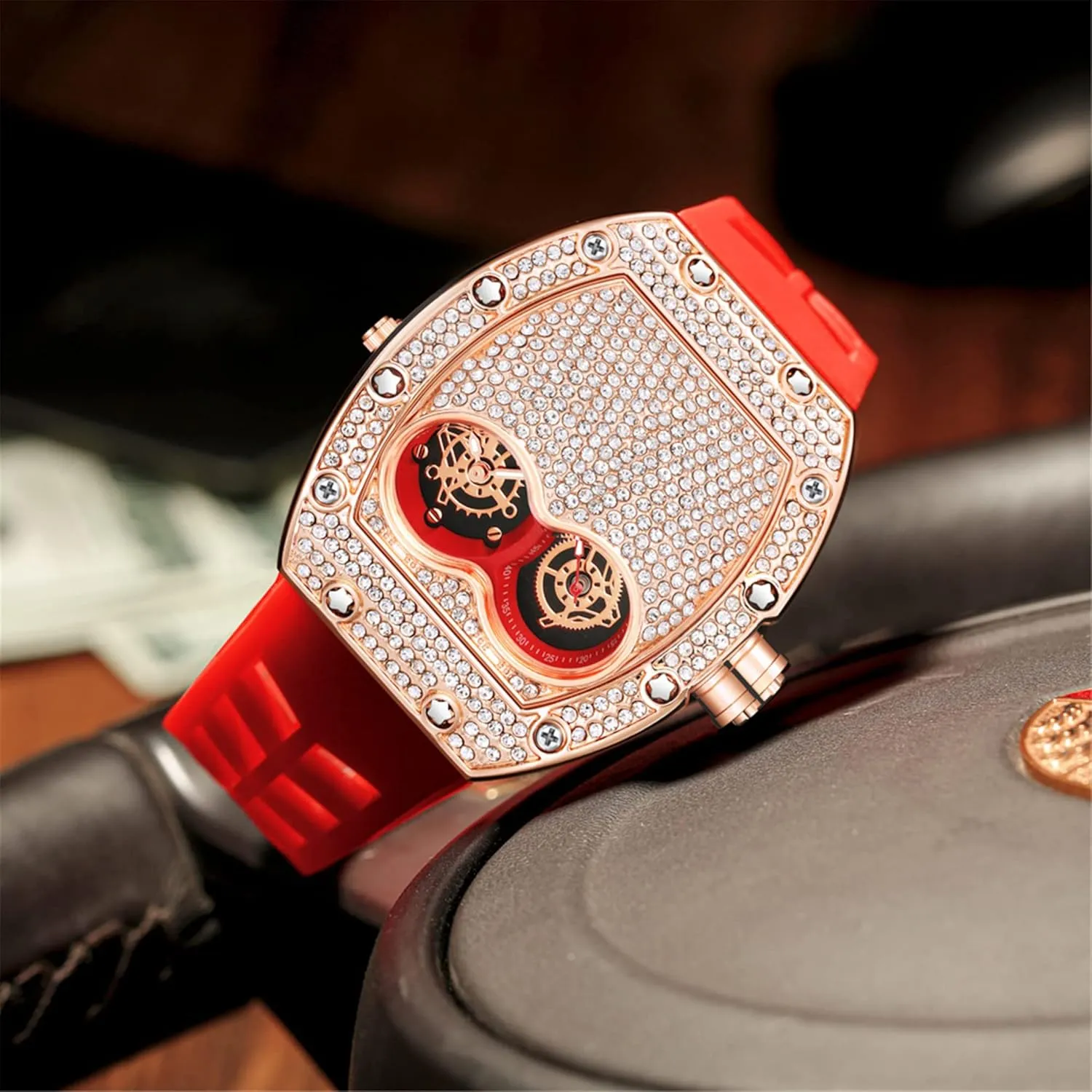 Creative culminate chronicle far-fetched remodel license Wristwatch Gosasa Mens Fashion Diamond Watch Silicone Strap Quartz Waterproof Analog Display Crystal Male Luxury 