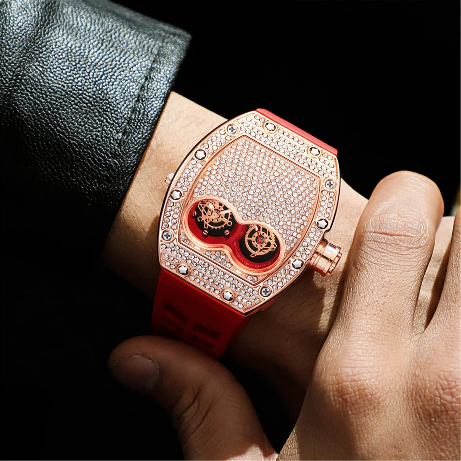 Creative culminate chronicle far-fetched remodel license Wristwatch Gosasa Mens Fashion Diamond Watch Silicone Strap Quartz Waterproof Analog Display Crystal Male Luxury 