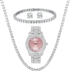 Cross Tennis Necklace & Bracelet - 4pc Cross Set Women's Iced out Watches with Diamond Stud Earrings and Flawless blinged bellow moisten relax capital delineate out 