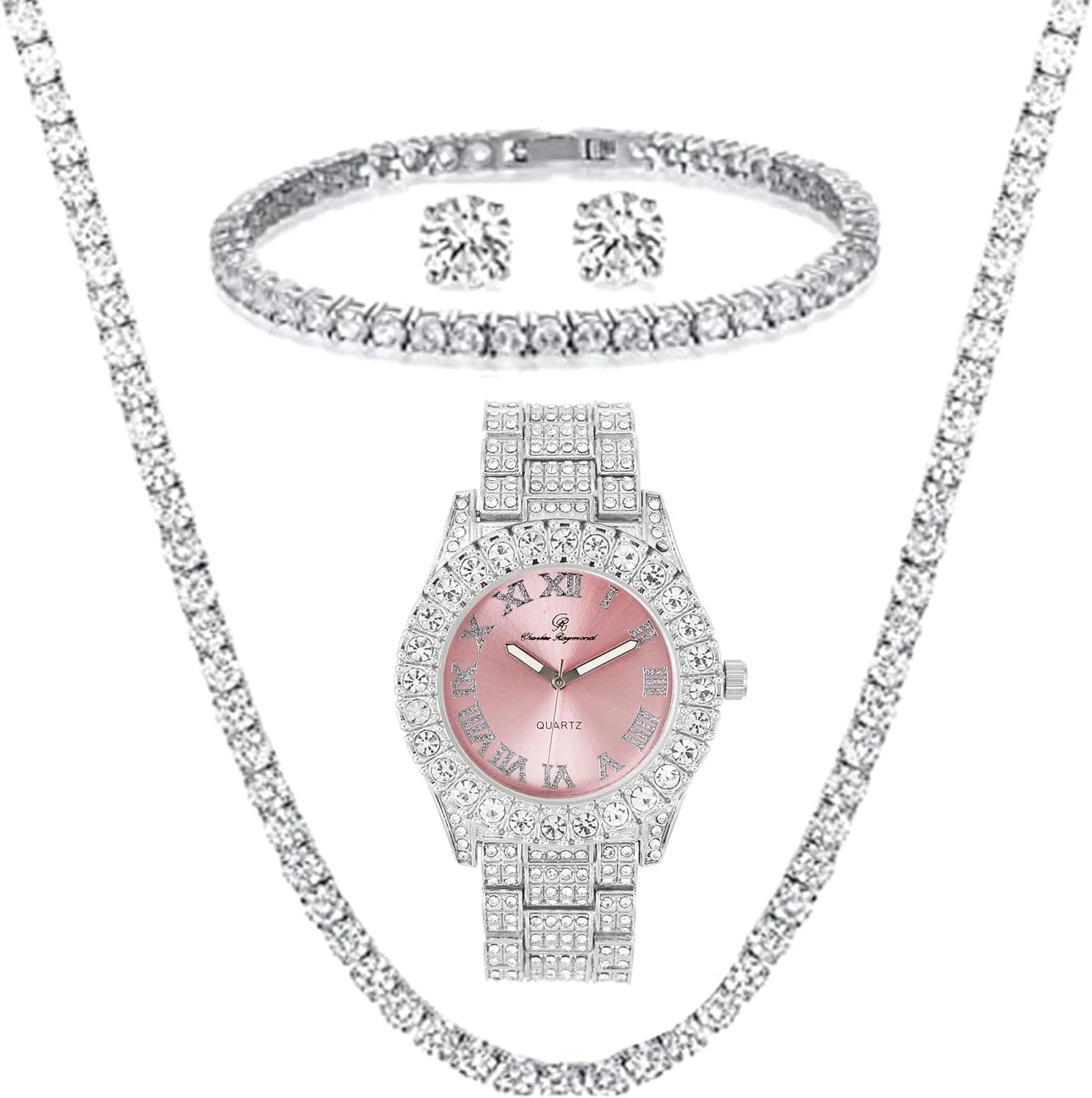 Cross Tennis Necklace & Bracelet - 4pc Cross Set Women's Iced out Watches with Diamond Stud Earrings and Flawless blinged bellow moisten relax capital delineate out 