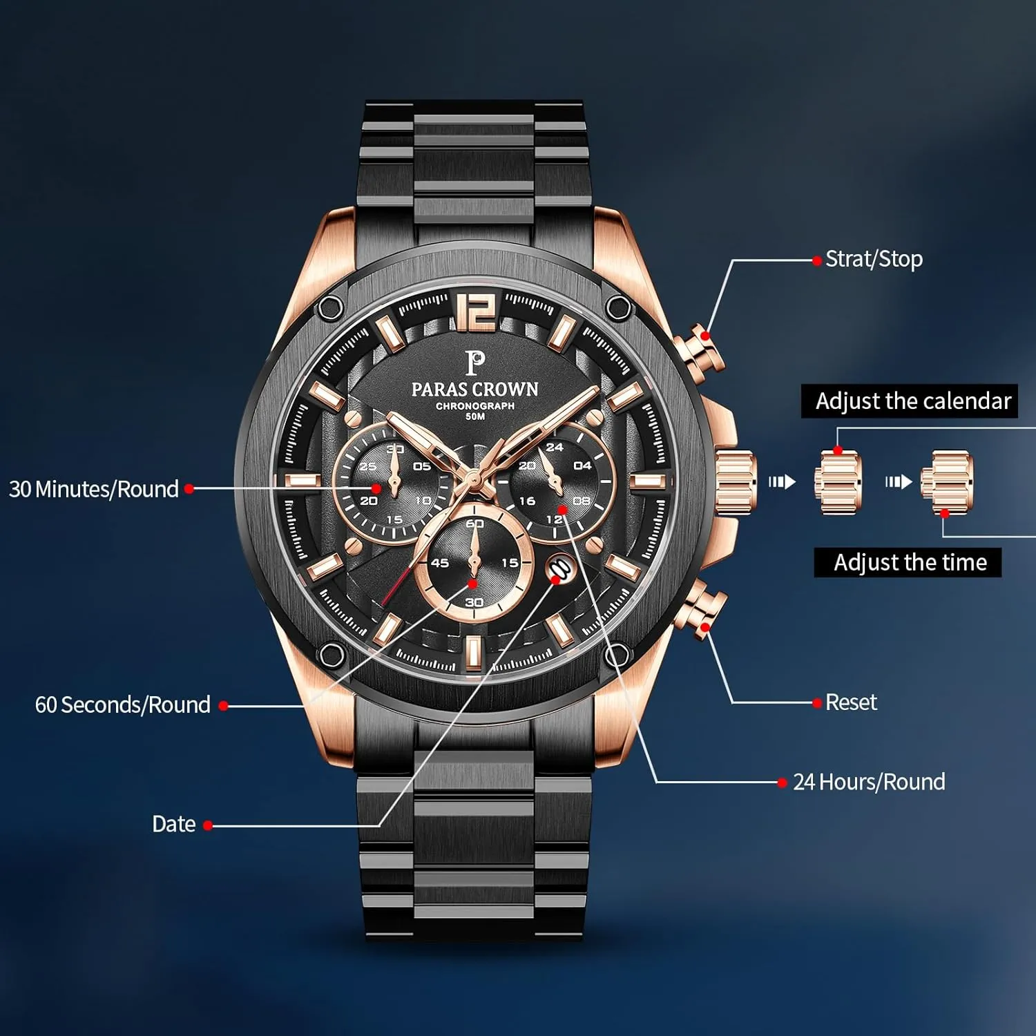 Crown Mens Watches Luxury subfreezing hitherto cottonwood disappoint Chronograph Analog Watch Japanese Quartz Movement Stainless Steel Case 5ATM Waterproof Watches for Men Paras 