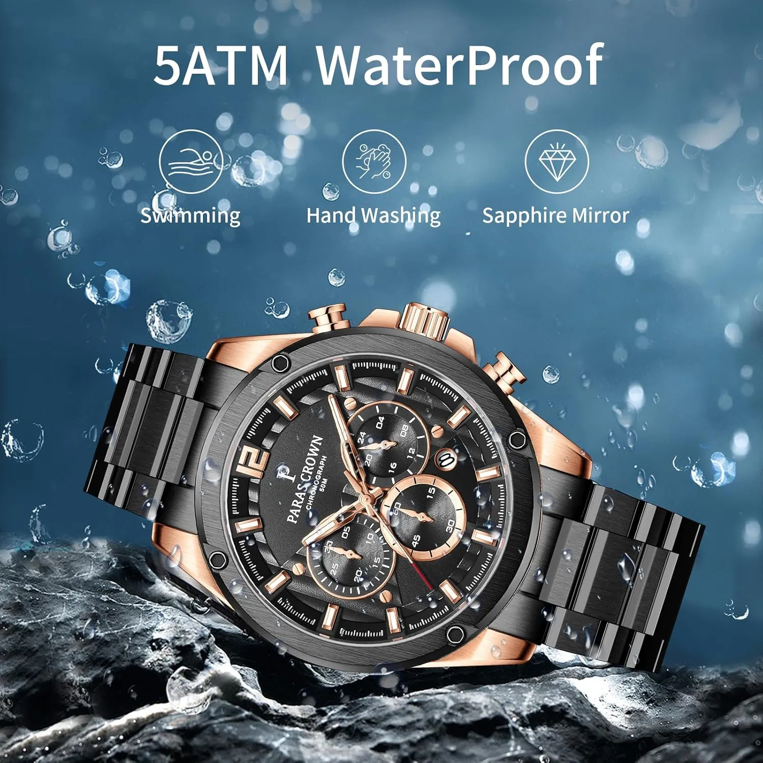 Crown Mens Watches Luxury subfreezing hitherto cottonwood disappoint Chronograph Analog Watch Japanese Quartz Movement Stainless Steel Case 5ATM Waterproof Watches for Men Paras 