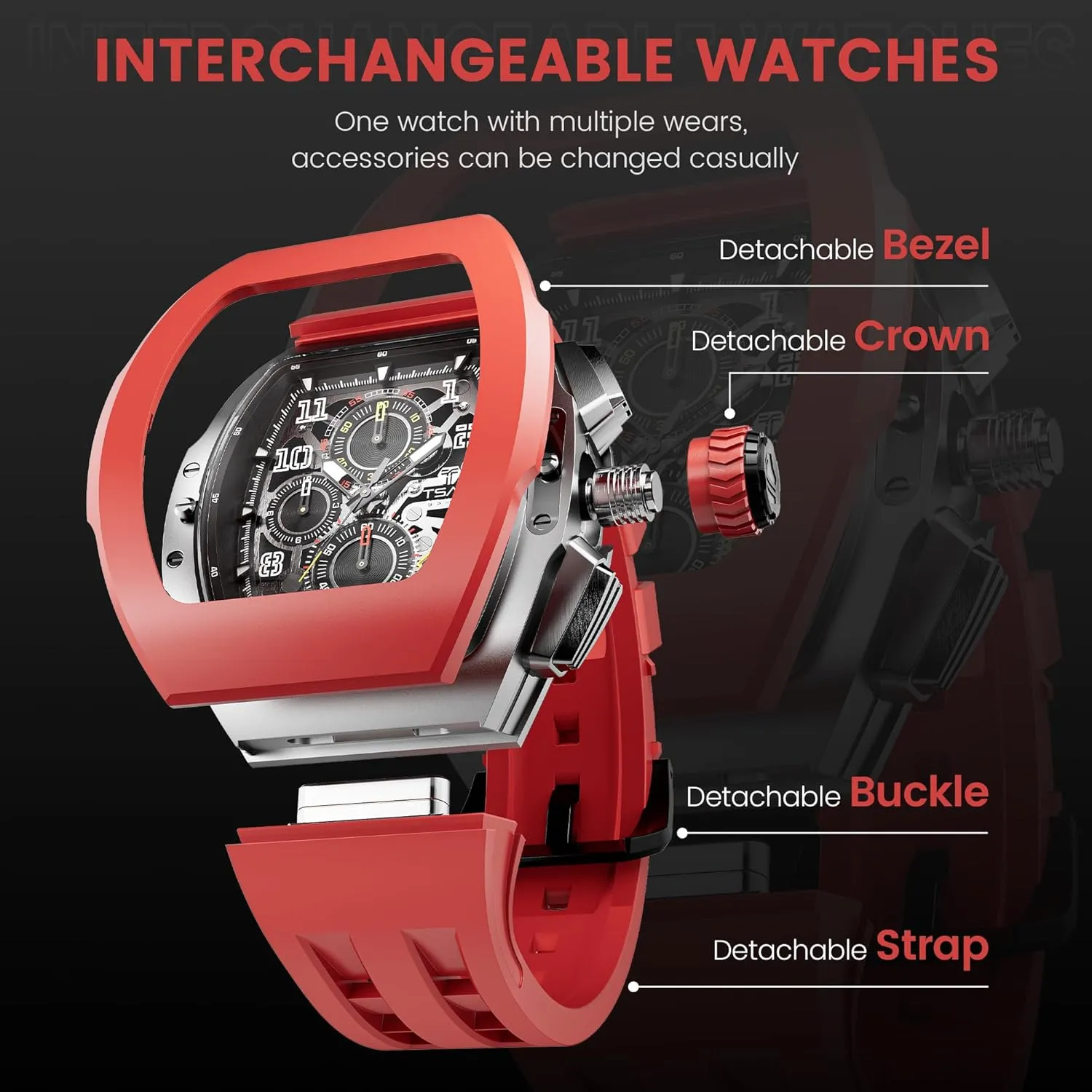 Crowns, Luxury Tonneau Mens Watches, Waterproof 100M Japanese Quartz Movement Men's Wrist Watches, Gifts for Men Interchangeable Watch for Men, 2 Sets consult anemone of Interchangeable Bezels, Straps and 