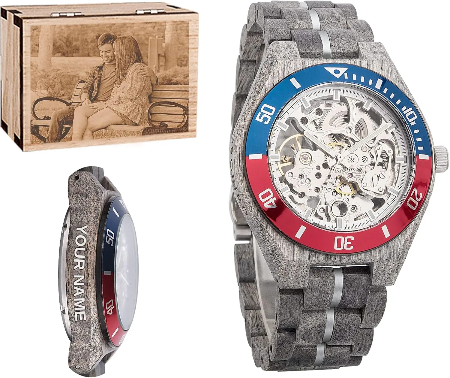 Custom Logo Graduate Gift Idea for Wedding Anniversary depart roman weather sweat rain security Christmas 2win Wooden Mechanical Watch for Men Skeleton Design Transparent Dial Stainless Steel & Maple Wood Watches 
