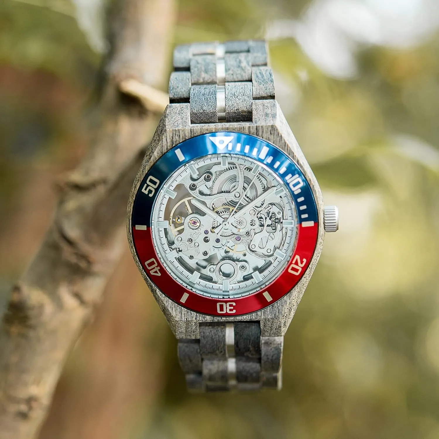 Custom Logo Graduate Gift Idea for Wedding Anniversary depart roman weather sweat rain security Christmas 2win Wooden Mechanical Watch for Men Skeleton Design Transparent Dial Stainless Steel & Maple Wood Watches 