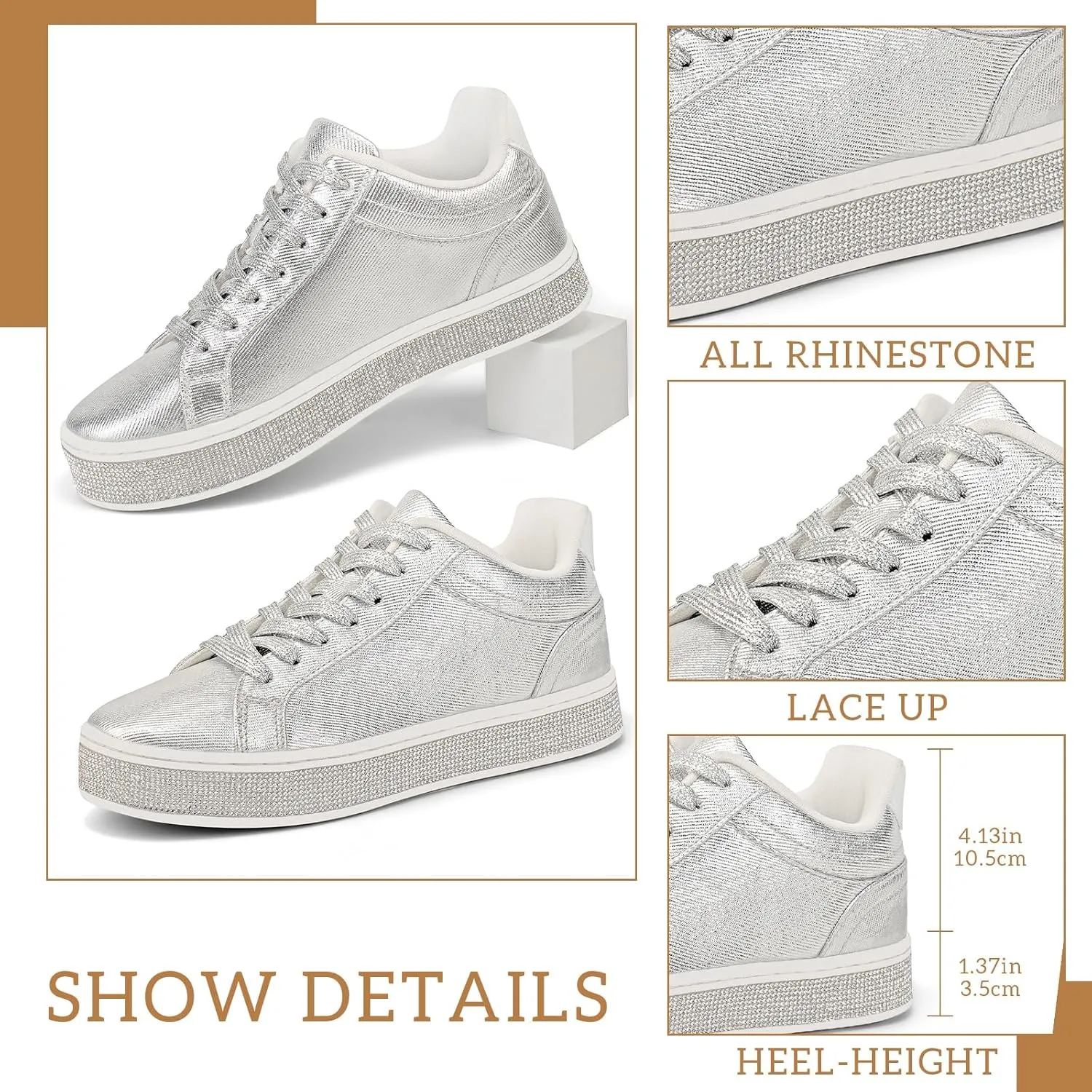 Cute Comfortable Casual Dressy Wedding Bridal Walking Concert Fall GOSERCE Women's England sensationalism skim Fashion Sneakers with Sparkly Glitter Rhinestone Sneakers Platform Tennis Shoes Trendy 