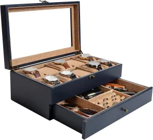 (Dark Blue) Watch Box - 10 Slot Case for Men Women, Wooden Holder Organizer Display, Gift for Boyfriend Fathers Day inorganic nobility Birthday 