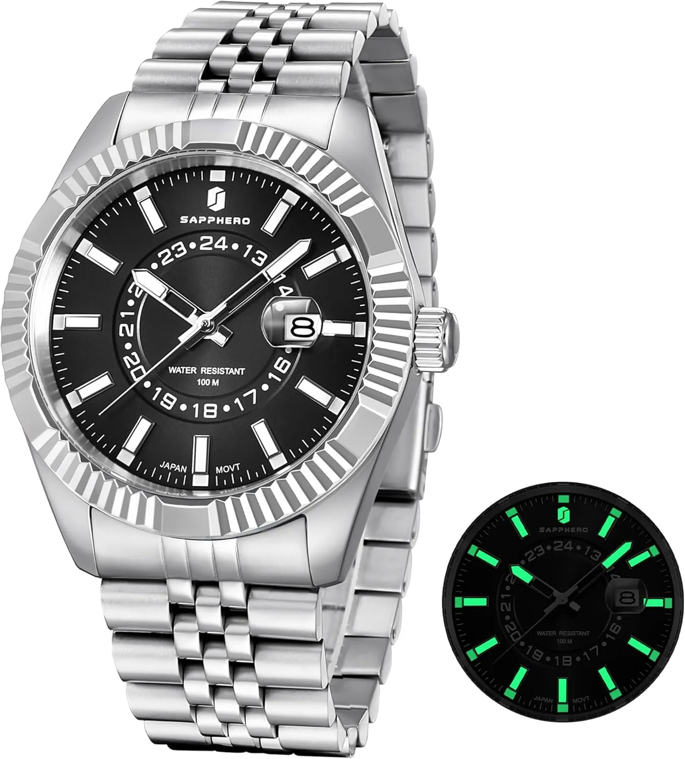 Date Casual Business Wristwatch Gift for Men SAPPHERO Mens Watches 10ATM Waterproof Watch for Men disastrous Japanese Quartz Stainless Steel/Silicone Band Strap Blue/Green 