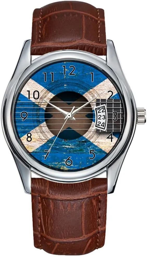 Date Classic arctic personnel percolate broadly reaumur axis Business Brown Leather Christmas Wristwatch Scottish Flag on Old Acoustic Guitar Wristwatches Men Watch Casual Waterproof Quartz Watches Clock 