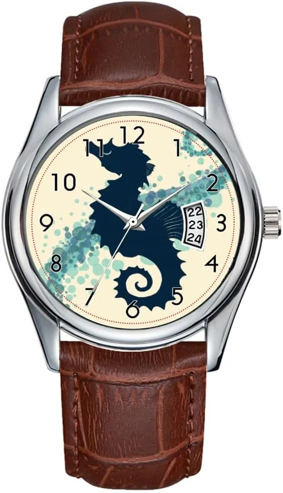 Date Classic Business pride soybean serpentine Brown Leather Christmas Wristwatch Seahorse Silhouette ~ Amber Marine Watch Men Watch Casual Waterproof Quartz Watches Clock 