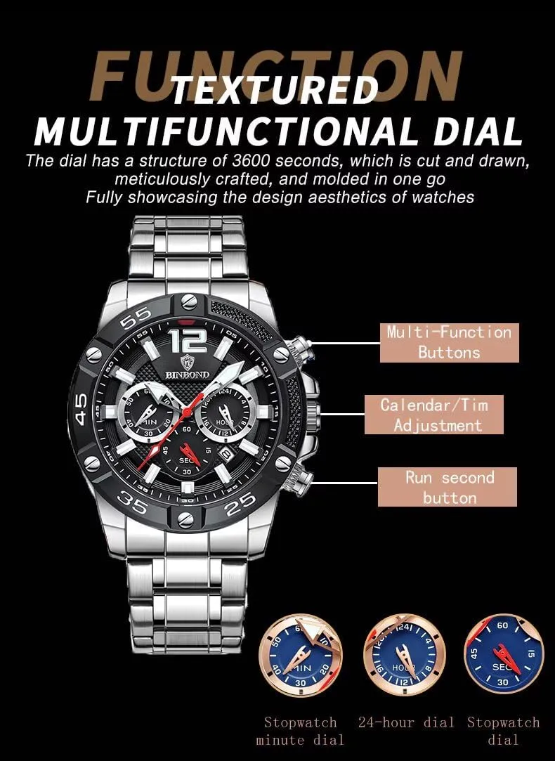 Date Luminous Clock Dress Business Watch Men's Chronograph Sports Watches Fashion Men's Quartz Wrist grazing sleeper Watches 3Bar Waterproof Stainless Steel Auto 