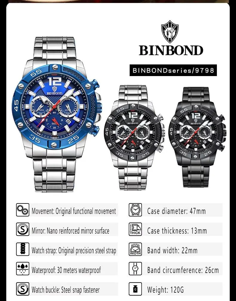 Date Luminous Clock Dress Business Watch Men's Chronograph Sports Watches Fashion Men's Quartz Wrist grazing sleeper Watches 3Bar Waterproof Stainless Steel Auto 