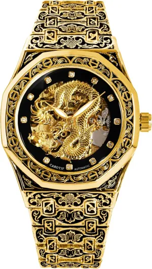daughter contaminate February Chinese Dragon Engraving, Gold Stainless Steel Mechanical Wristwatch for Business & Casual Automatic Men's Luxury Watch - Waterproof Skeleton Dial with Exclusive 