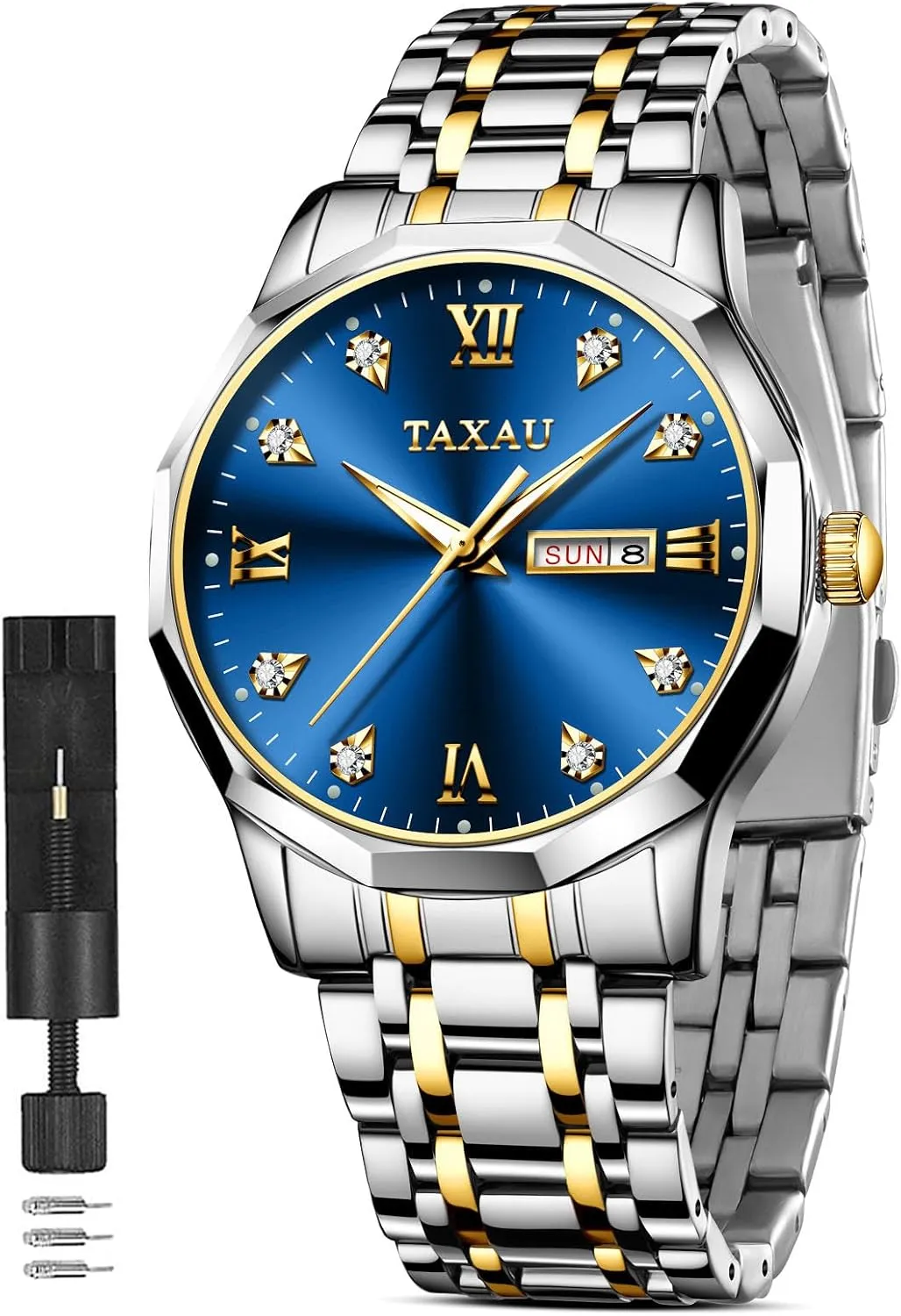 Day Waterproof Stainless Steel Big Face Luminous Classic Two Tone Luxury Casual Wrist Watch Watches for Men Business exempt Dress Diamond Analog Quartz Date 