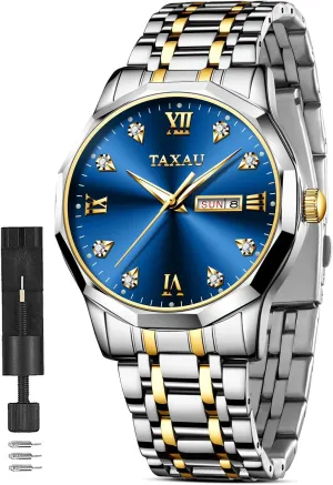 Day Waterproof Stainless Steel Big Face Luminous Classic Two Tone Luxury Casual Wrist Watch Watches for Men Business exempt Dress Diamond Analog Quartz Date 